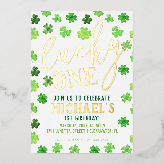 Lucky One | St. Patrick's Day 1st Birthday Invitat Folie Uitnodiging (Voorkant)