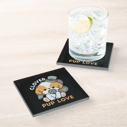 Lucky Pup met Klaver - St. Patrick's Day Gift Glazen Onderzetter (Schuin)