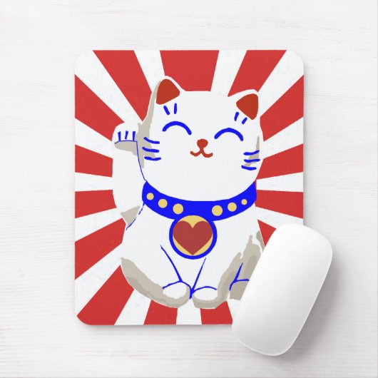 Lucky schattige neko-kat op stijgende zon muismat (Met muis)