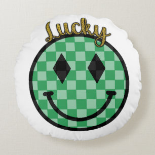 Lucky Smiley Face Green Gold Gecontkered Happy Fac Rond Kussen