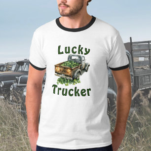 Lucky Trucker Retro Zwarte Truck met Klavertjes T-shirt