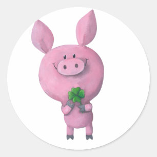 Lucky varken met vier bladklaver ronde sticker