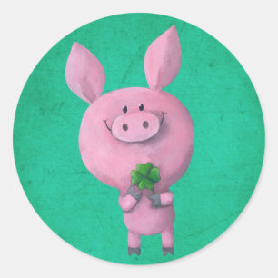 Lucky varken met vier bladklaver ronde sticker