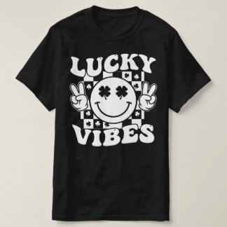 Lucky Vibes Shamrock Smiley Face | Retro St Patric T-shirt