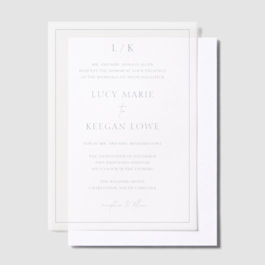 Lucy Dusty Blue Classic Elegant Bruiloft Vellum Uitnodigingen (Offset)