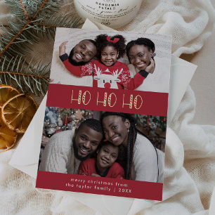 LUCY Gold Foil Fun Family Ho Ho Foto Kerst Folie Feestdagenkaart