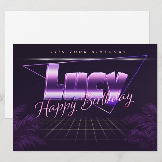 Lucy Name Vorname lila retro Karte Geburtstag Kaart (Voorkant / Achterkant)