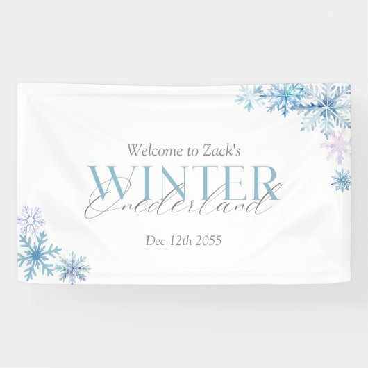 lue Winter Wonderland Snowflake First Birthday  Spandoek (Horizontaal)