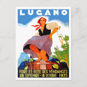 Lugano, Italië, meisje maakt wijn, vintage Briefkaart