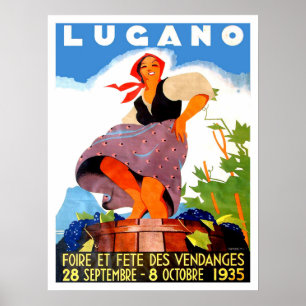 Lugano, Italië, meisje maakt wijn, vintage Poster
