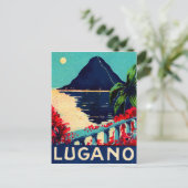 Lugano-meer, Zwitserland, uitzicht van het hotel t Briefkaart (Staand voorkant)