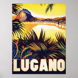 Lugano, Zwitserland, uitzicht aan de kust, vintage Poster