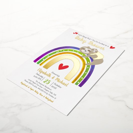 Luiaard Baby shower Regenboog Geslacht Neutraal Ec Folie Uitnodiging (Gedraaid)