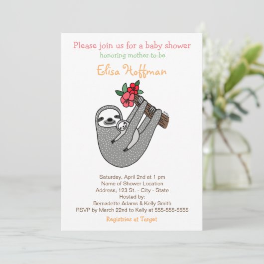 Luiaard Baby Shower Uitnodiging Schattige Luiaard (Staand voorkant)