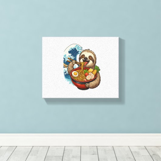 Luiaard eet Japanse Ramen Canvas Afdruk (Insitu (Houten vloer))