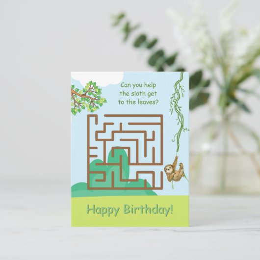 Luiaard en bladeren, doolhof puzzel verjaardags br briefkaart (Staand voorkant)