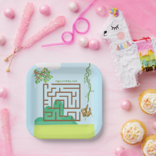 Luiaard en bladeren doolhof puzzel verjaardagspapi papieren bordje