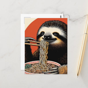 Luiaard Eten Ramen Woodblock Print Briefkaart