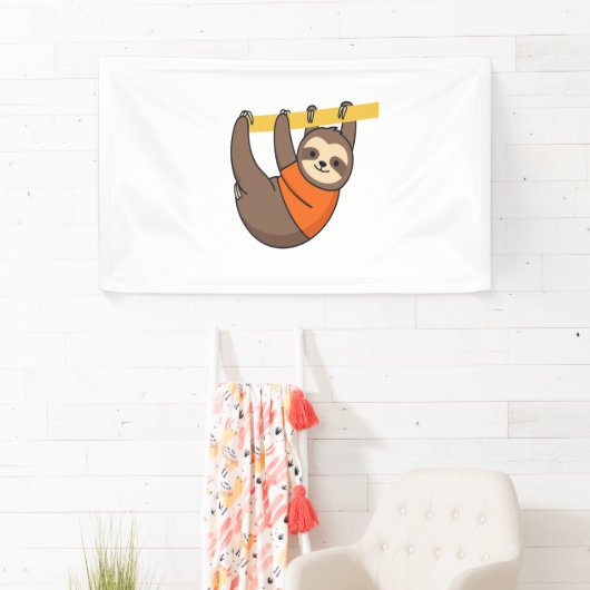 Luiaard Hangen op Branch met Sinaasappel Spandoek (Insitu)