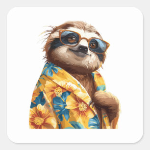 Luiaard hawaiiaans met zonnebril vierkante sticker