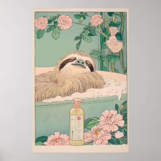 Luiaard in badkuip Ukiyo-e print Japandi badkamer (Voorkant)