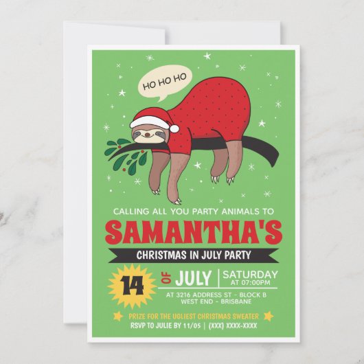 Luiaard kerstfeest in juli feest uitnodiging (Voorkant)