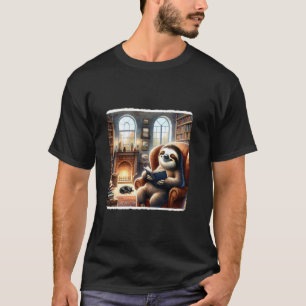 Luiaard leest in een gezellige bibliotheek met een t-shirt