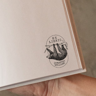  luiaard, modern ex libris boek 	rubberstempel