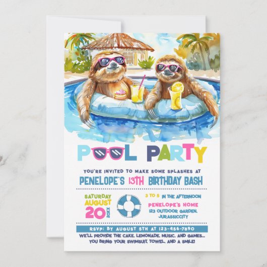 Luiaard Pool Feest Verjaardagsuitnodiging Kaart (Voorkant)