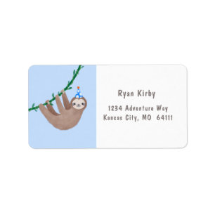 Luiaard thema verjaardag met blauwe en witte stip etiket