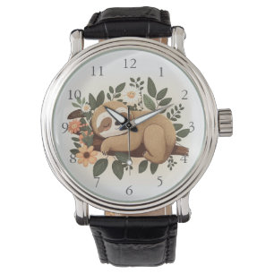 Luie luiaard slapend op een tak cartoon horloge