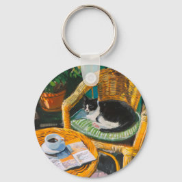 Luie zondagochtend | Gezellige kat & koffie schild Sleutelhanger