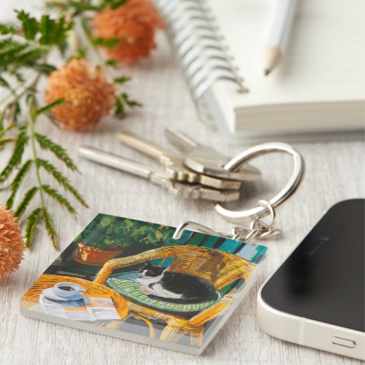 Luie zondagochtend | Schilderij van knusse kat en  Sleutelhanger (Voorkant Rechts)