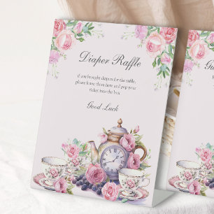 Luier Raffle Bloemen Tea Party Baby shower Reclamebord Met Voetstuk