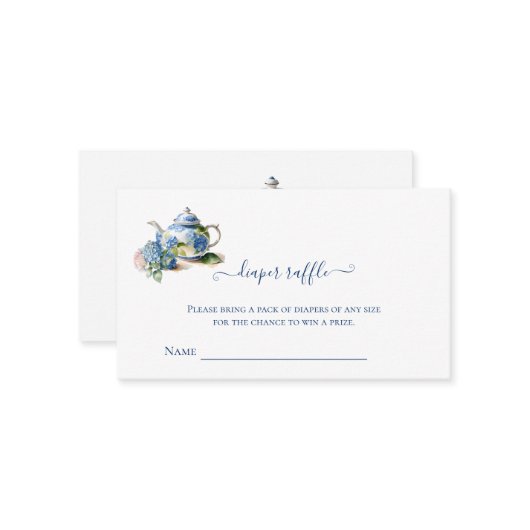 Luier Raffle Blue Hydrangea Tea Party Informatiekaartje (Voorkant / Achterkant in situ)