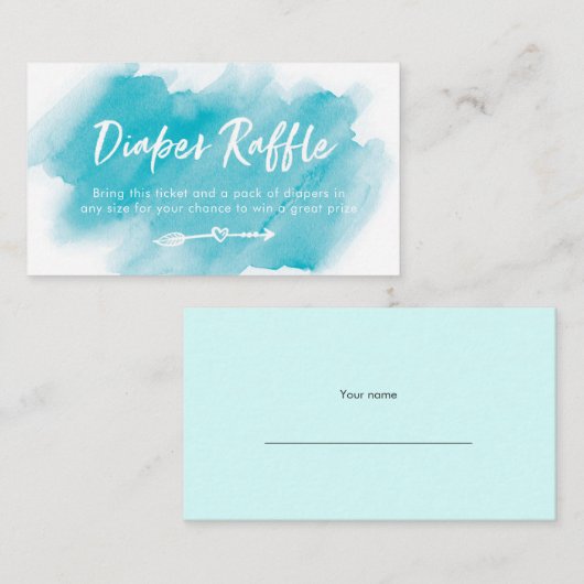 Luier Raffle ticket | Blauwe waterverf Informatiekaartje (Voorkant / Achterkant)
