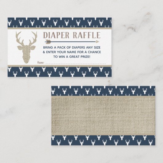 Luier Raffle, Woodland Deer, Navy Blue, Burlap Informatiekaartje (Voorkant / Achterkant)