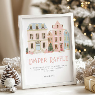 Luierloterij Kerst dorp Roze Baby Shower Poster