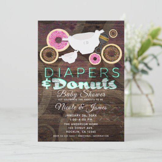 Luiers & Donuts Rustiek Houten Partij Baby shower Kaart (Staand voorkant)
