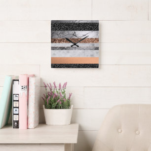 Luipaar Marmer Glitter Strepen Glam 3 Vierkante Klok