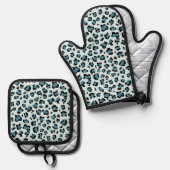 Luipaard afdrukken, luipspuiten, blauwe luipaard ovenwant & pannenlap set (Voorkant / Achterkant)