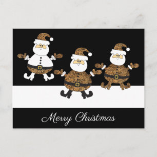 Luipaard Blij Drievoudige Kerstman Sneeuw Op Zwart Briefkaart