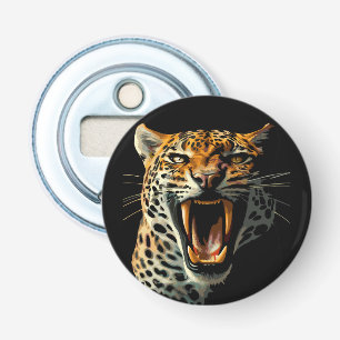 Luipaard brullende aanvalskop button flesopener