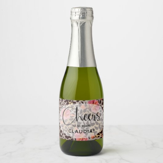 Luipaard Dierenprint Tropisch Roze Bloem Mini Sparkling Wijnetiket (Voorkant)