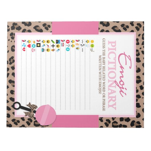 Luipaard en Roze Emoji Pictionary Baby shower Game Notitieblok (Voorkant)