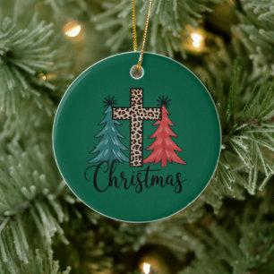Luipaard Kruis Kerstbomen Christelijk Keramisch Ornament