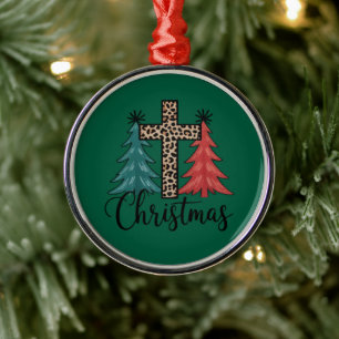 Luipaard Kruis Kerstbomen Christelijk Metalen Ornament