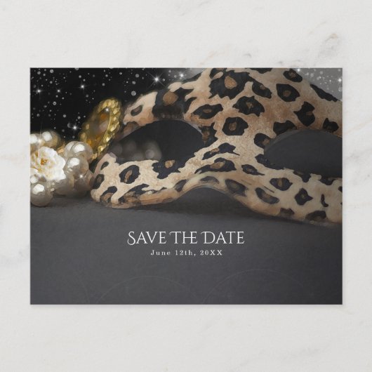 Luipaard Masquerade Masker & Parel Save the Date Aankondigingskaart (Voorkant)