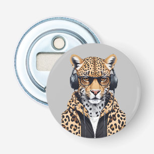 Luipaard met hoodie Grappig cool dierlijk karakter Button Flesopener