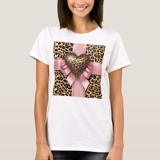 Luipaard Print Hart Roze Lint T-shirt (Voorkant)